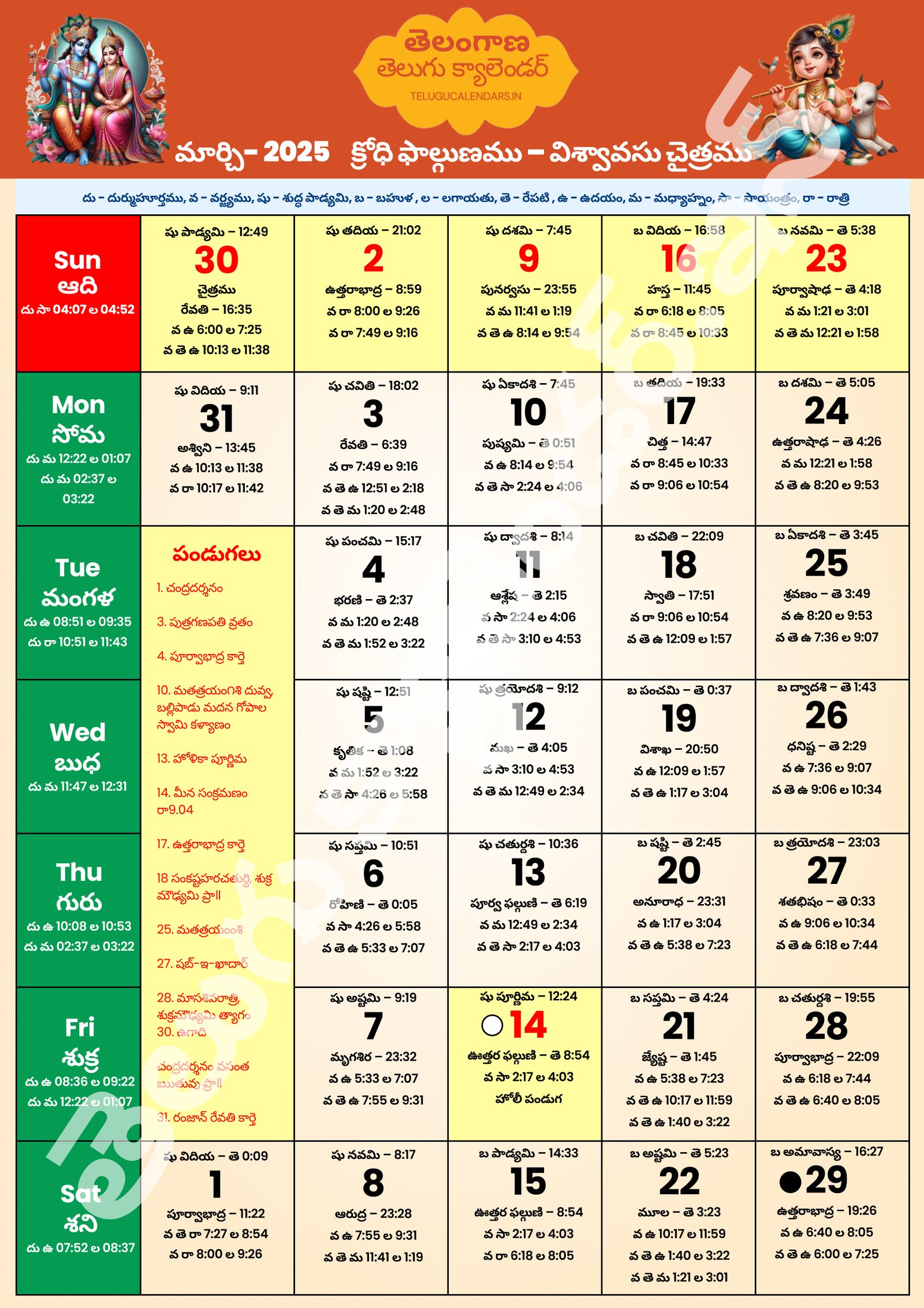 Telangana Telugu Calendar 2025 March