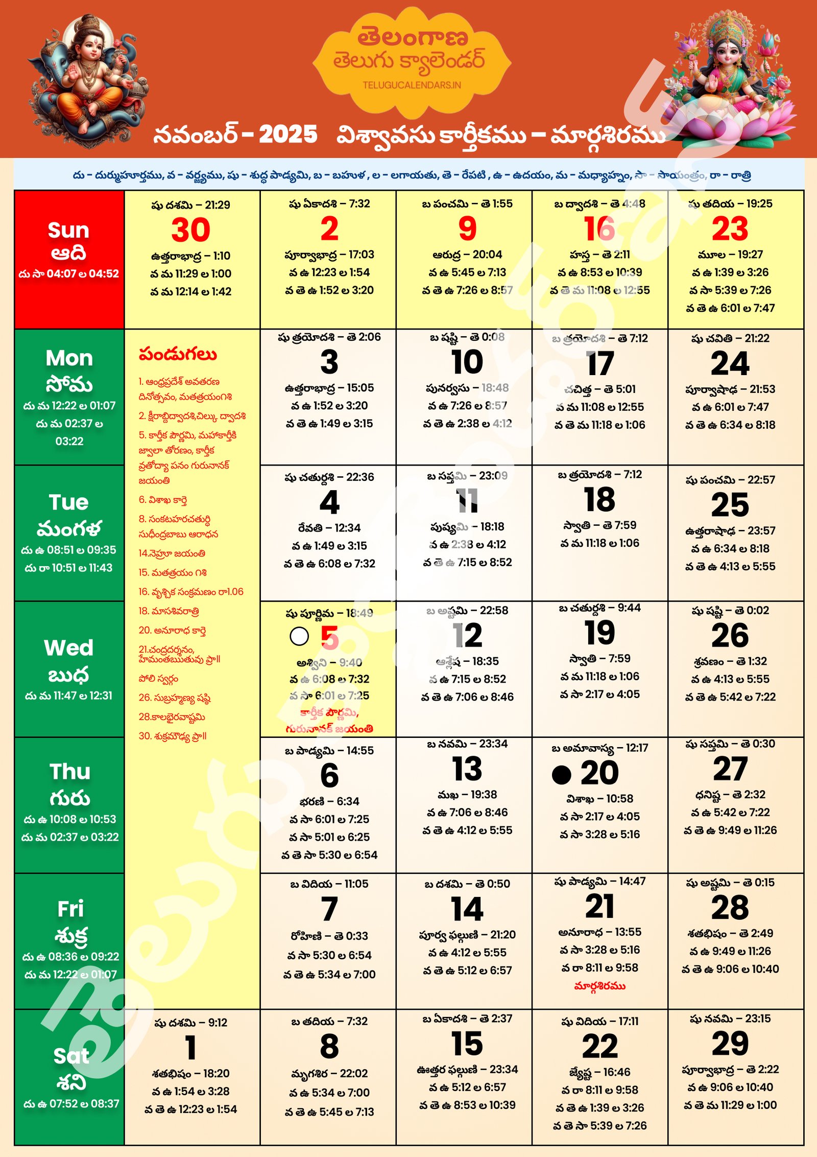 Telangana Telugu Calendar 2025 November